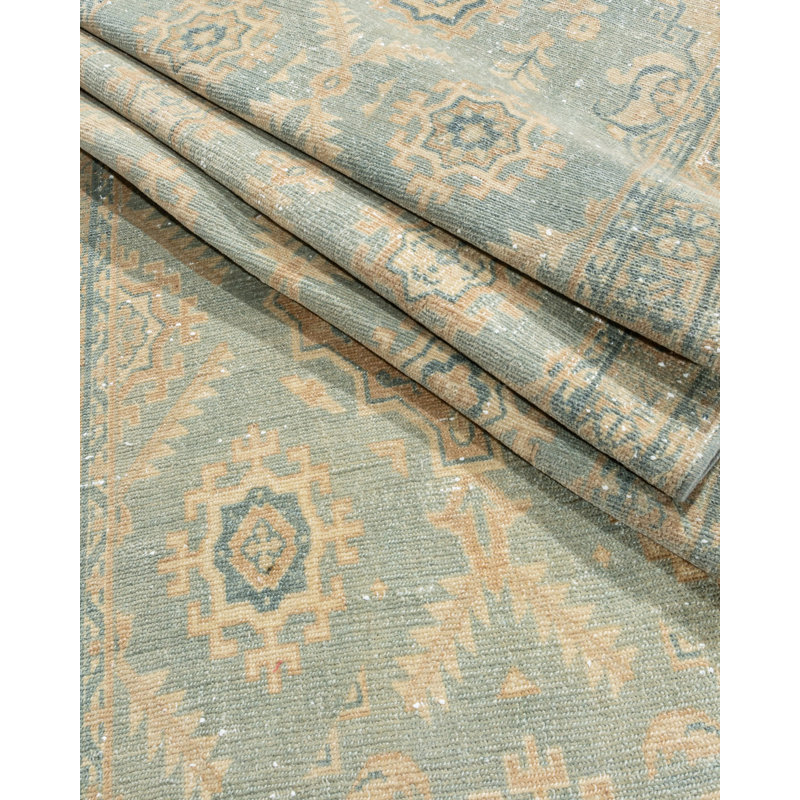 Tapis de couloir unique de 2 pi 7 po x 22 pi 8 po de style années 1920 en bleu sarcelle clair / brun clair / ivoire
