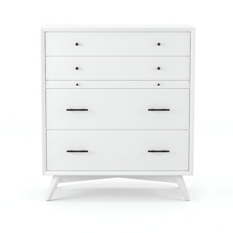 Commode haute blanche à 5 tiroirs de style moderne du milieu du siècle, en bois massif et MDF, avec quincaillerie en métal noir.