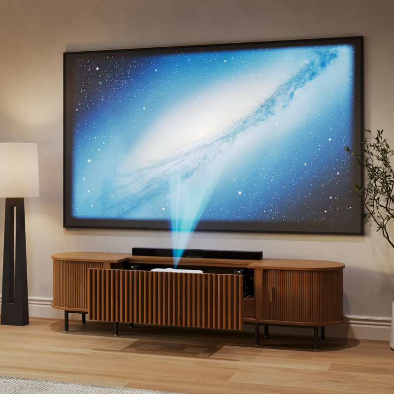 Meuble télé électrique Mid-Century avec projecteur ultra-court, H 21,3 po x L 18,3 po x l 102,3 po, Bois naturel