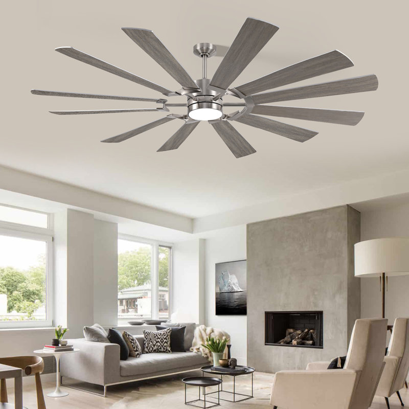 Modern Industrial 12 Blade Ceiling Fan With Light And Remote For Indoor/outdoor Covered Spaces, Nickel, 72" Wide, Oak Wood