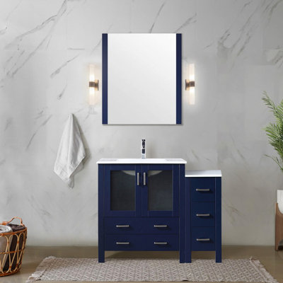 42 In. W Navy Blue Bath Vanity With Side Cabinet, White Ceramic Countertop, 28 Harmonious Mirror, Soft - Close Drawers, And Plenty Of Storage In Setup Wide Top, Sociable Function, A Scratch Surface