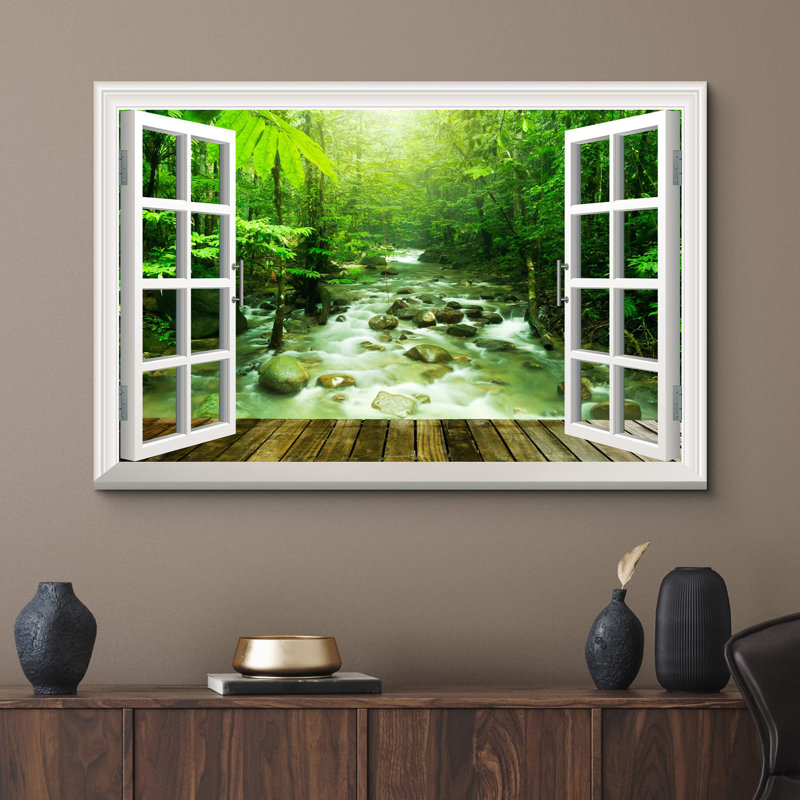 «Window View Of Serene Jungle River Nature Images Rustic Scenic Relax Calm Ultra» sur toile, H 24 po x l 36 po