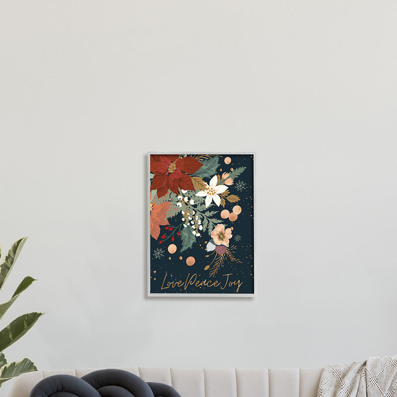 Love Peace Joy Winter Florals Seasonal Sentiment - impression, H 20 po x l 16 po x P 1,5 po, Giclée encadrée noir minuit