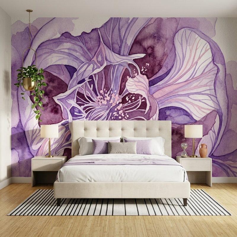 Papier peint mural aquarelle à fleurs violettes et botaniques, 180 po x 120 po, Non tissé