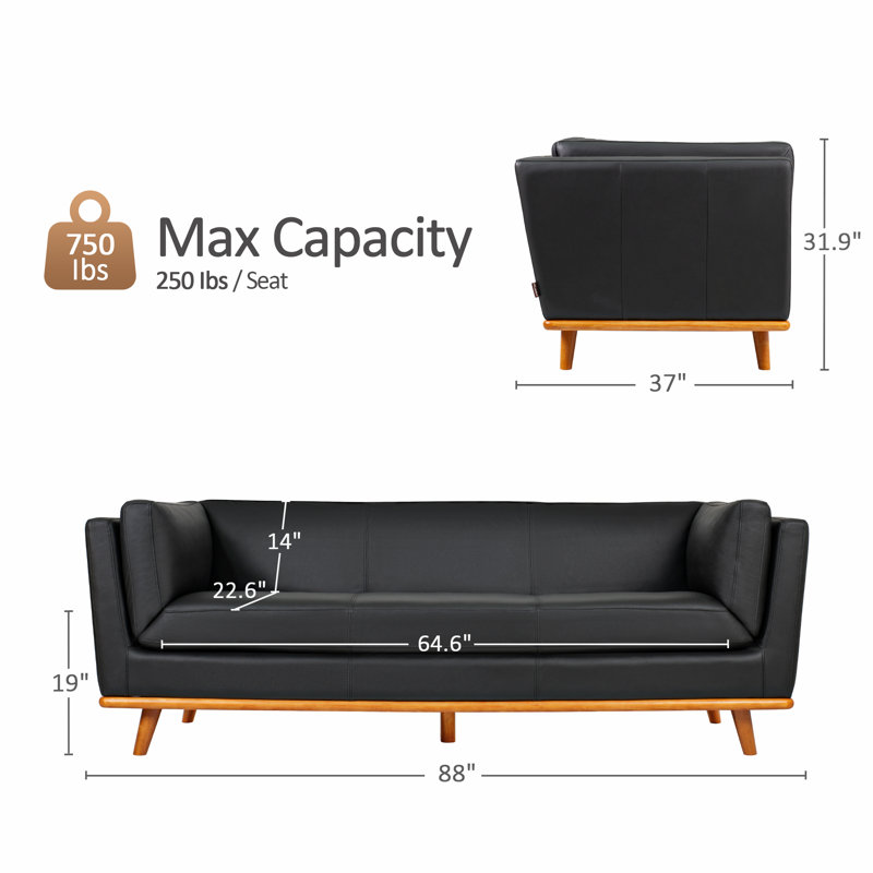 88'' Italian Top-Grain Genuine Leather Sofa with Solid Wood Frame, Black