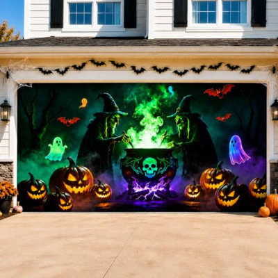 Halloween Garage Door Cover 16x7 FT, Witch Magic Halloween Garage Door Decoration, Large Double Garage Banner with Pumpkin Ghost Bat Scene, Outdoor Halloween Decor for Home Yard Party