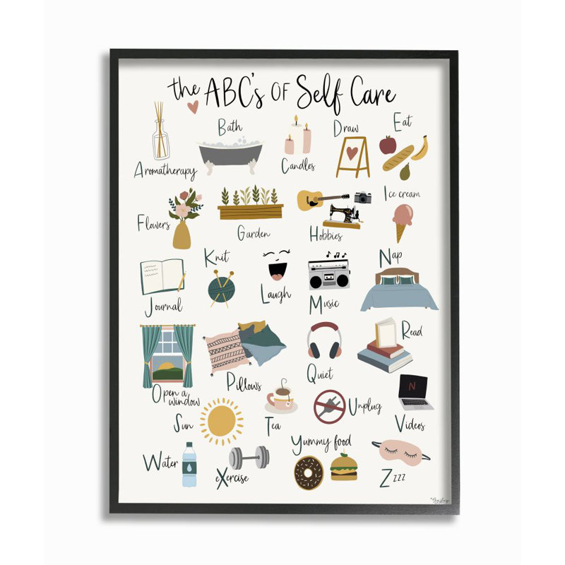 «ABC's of Self Care» par Gigi Louise - impression d'art graphique, H 14 po x l 11 po x P 1,5 po, Giclée encadrée noir minuit