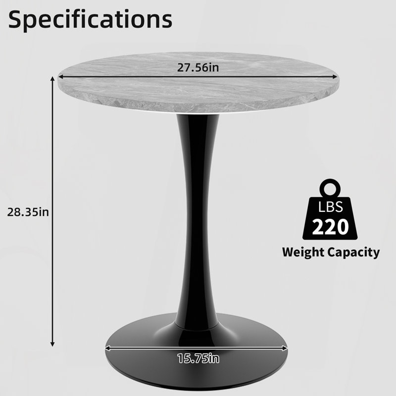 27.6" Round Marble-Effect Coffee Table with Light Gray Textured Top and Black Base, Gray/Black