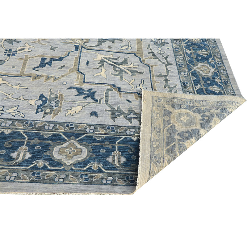 Tapis gris / bleu foncé en laine noué à la main, Rectangle 6 pi x 9 pi