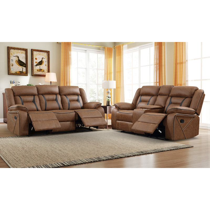 2 - Piece Modern Upholstered Vegan Leather Manual Reclining Living Room Set With Console, Brown