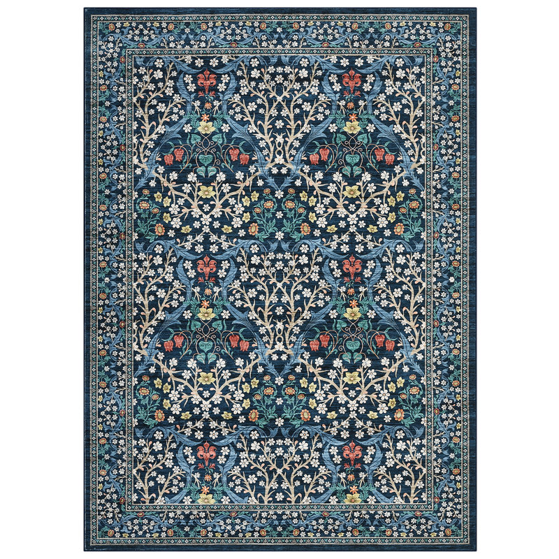 Vintage Floral Area Rug Washable Rugs Stain Resistant Easy Cleaning Indoor Carpet With Non-Slip Backing Low Pile Floor Cover Non Shedding Folding Throw Carpet For Home Decor
