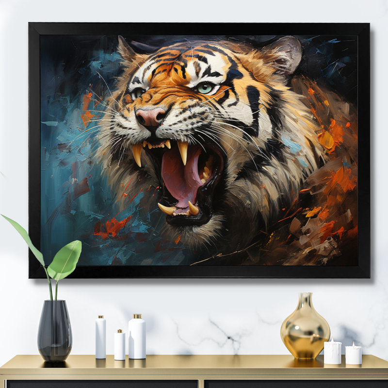Tiger Roaring Majesty Collage II - Animals Canvas Art Print, H 12 po x l 20 po x P 1 po, Cadre photo noir