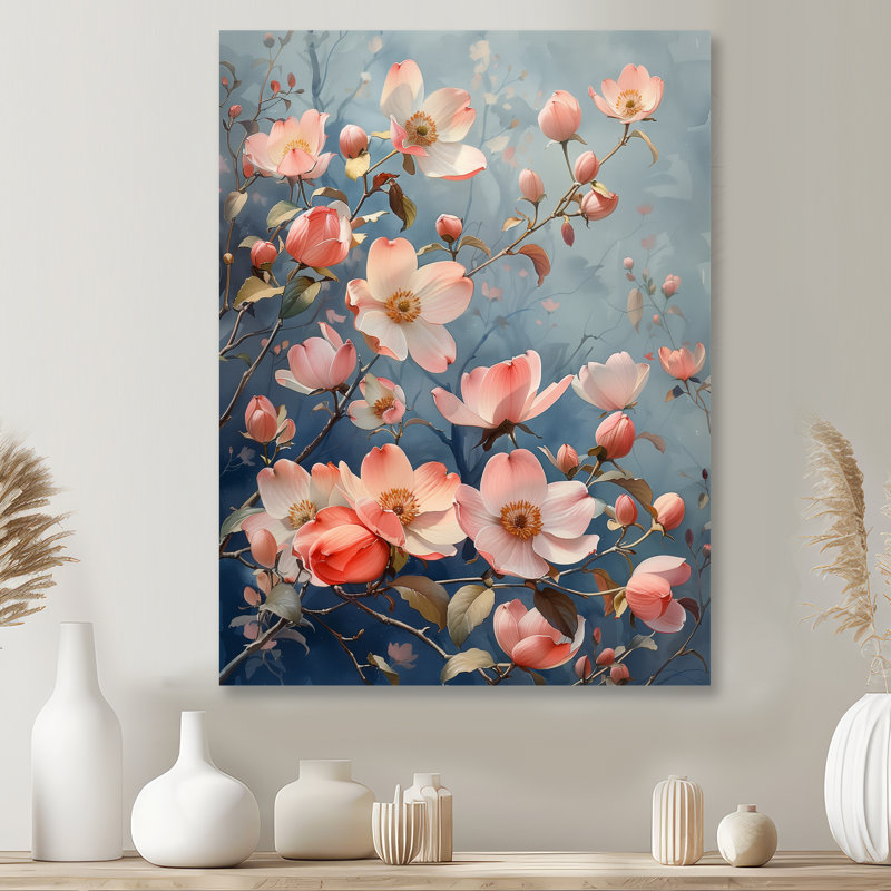 Décoration murale rose et bleu Garden Of Dreams Dogwood III - cornouiller, Métal métal, H 16 po x l 32 po