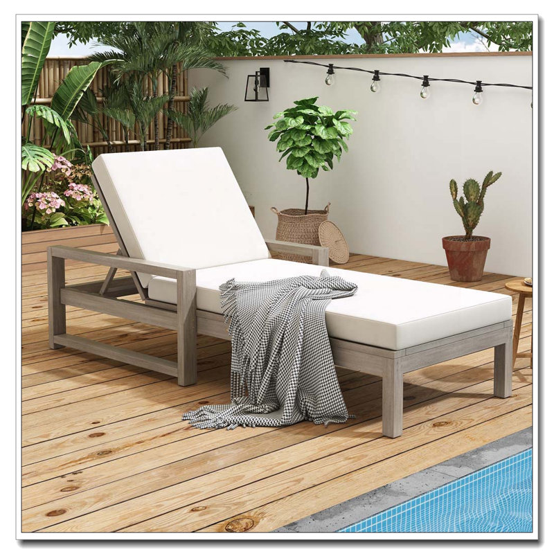 Chaise longue réglable à 5 positions avec structure en bois d'acacia et coussin épais de 3,9 po, Gris