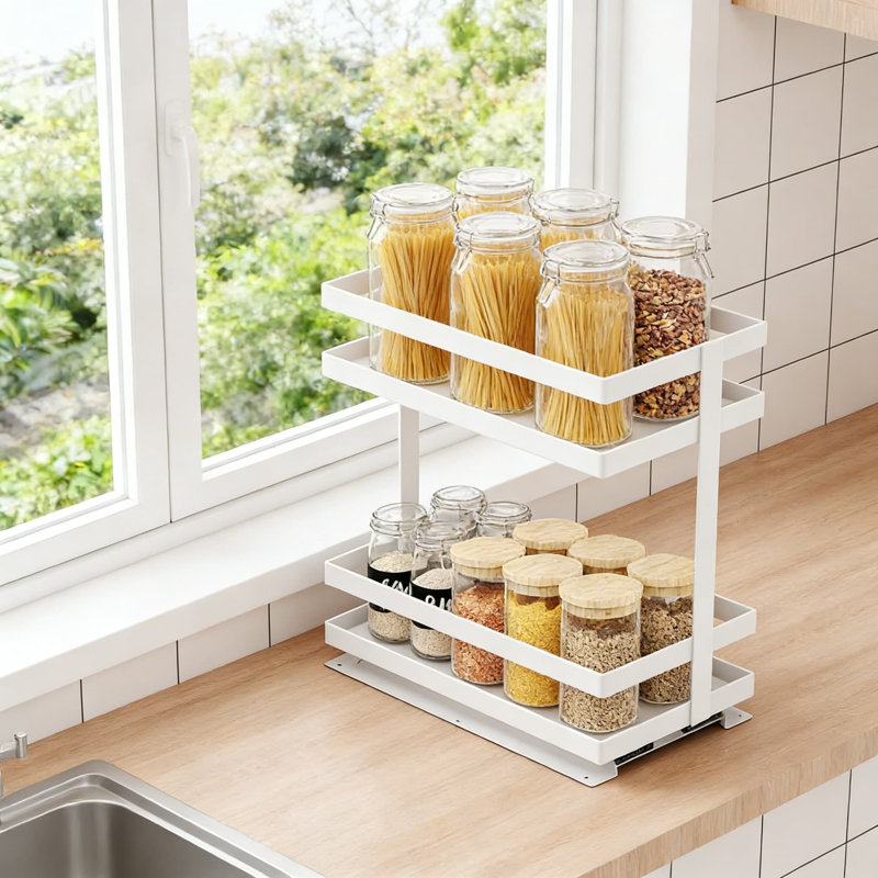 Étagère à épices escamotable pour armoire, tablette coulissante en métal robuste à 2 niveaux avec glissières à roulement à billes lisses, aucune installation de perçage, rangement vertical peu encombrant pour les armoires de cuisine