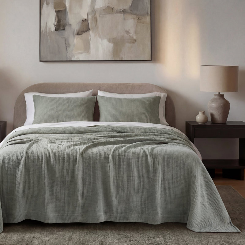 Cotton Voile Classic Casual Modern Rustic Soft And Lightweight Throw Blanket Set, Queen, Sage