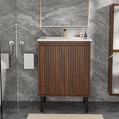 24 Inch Bathroom Vanity With Sink,  Floor - Standing Structure For Stability, Soft - Closing Drawers For Noiseless Operation, Sleek Oak Finish For Modern Aesthetic(White Sink)