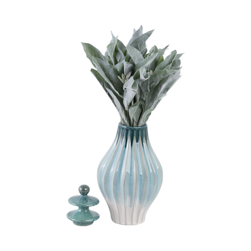 Stoneware Ceramic Decorative Jar with Lid Textured Modern Accent Piece for Home Decor., Green, Overall Height - 15"
