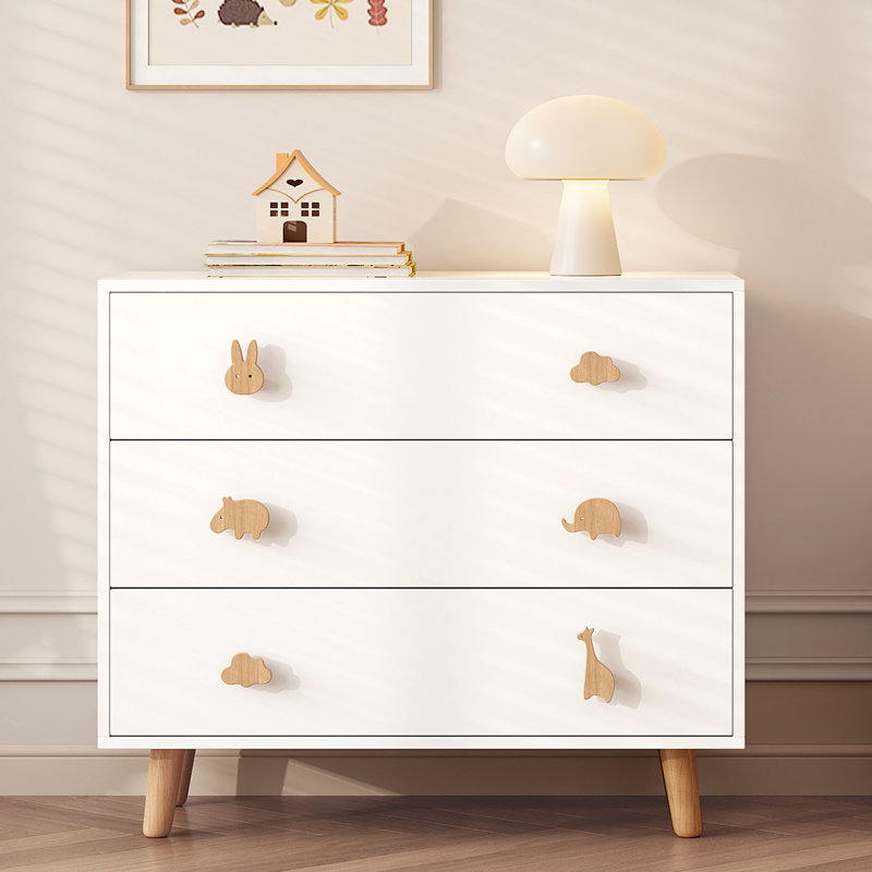 Commode enfant blanche à 3 tiroirs avec adorables poignées en bois en forme d'animaux – Meuble de rangement sécuritaire, spacieux et moderne pour chambre d'enfant