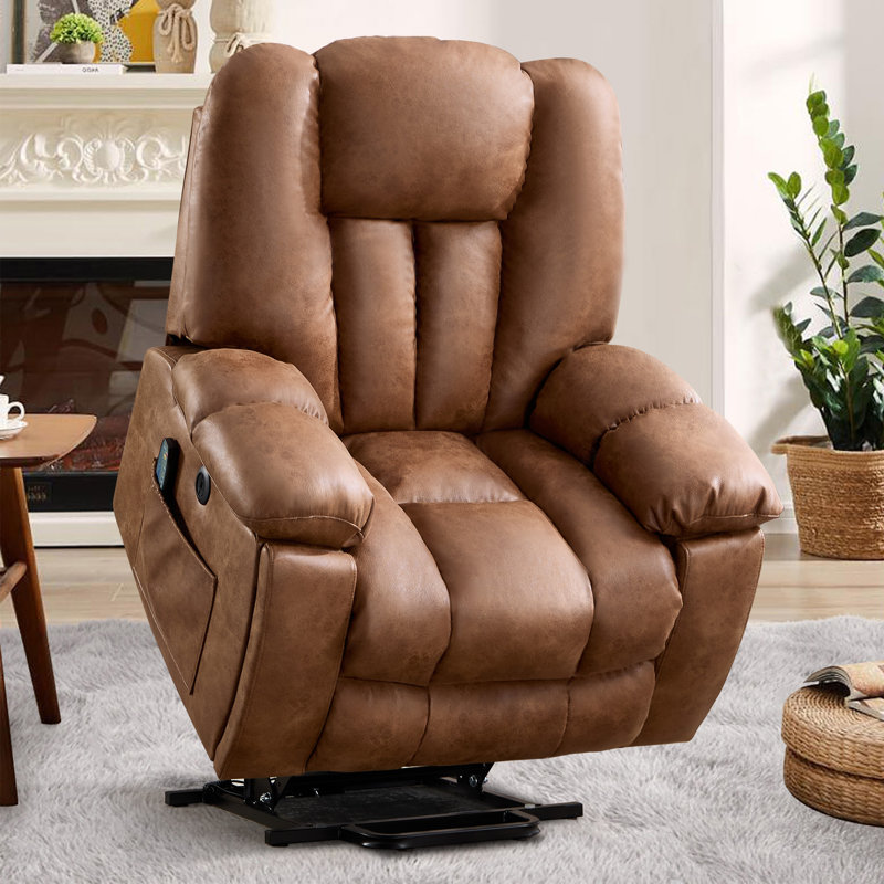 41'' Oversized Power Lift Chair - Heated Massage Electric Recliner with Super Soft Padding, Vintage Brown Faux Leather