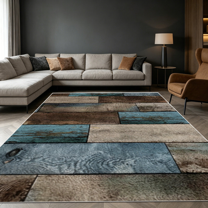 1PC distressed mixed blue brown wood plank area rugs for Living Room, Soft and Comfortable, Suitable for all seasons, easy-to-maintain, machine washable Indoor floor mat, Under Table Farmhouse suitable for dining room, kitchen, bedroom, entryway,