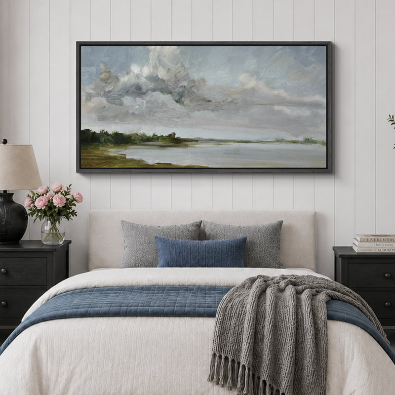 Tranquil Landscape Soft Brushstroke Lake Scene, reproduction d'art sur toile, H 30 po x l 60 po, Noir, noir, noir, noir