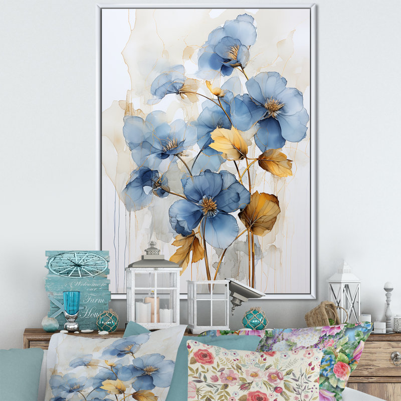 «Blue and Gold Adorned Violets I», reproduction sur toile, Cadre flottant blanc, H 20 po x l 12 po x P 1 po