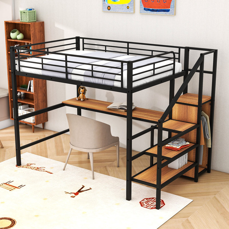 Lit mezzanine double en métal avec bureau, rangement pour escalier, garde-robe et lumière DEL, Noir, noir, noir, noir