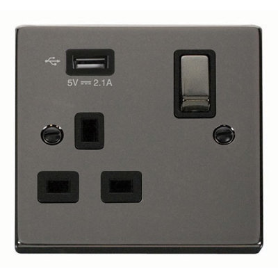 Black Nickel 1 Gang 13A DP Ingot 1 USB Switched Plug Socket