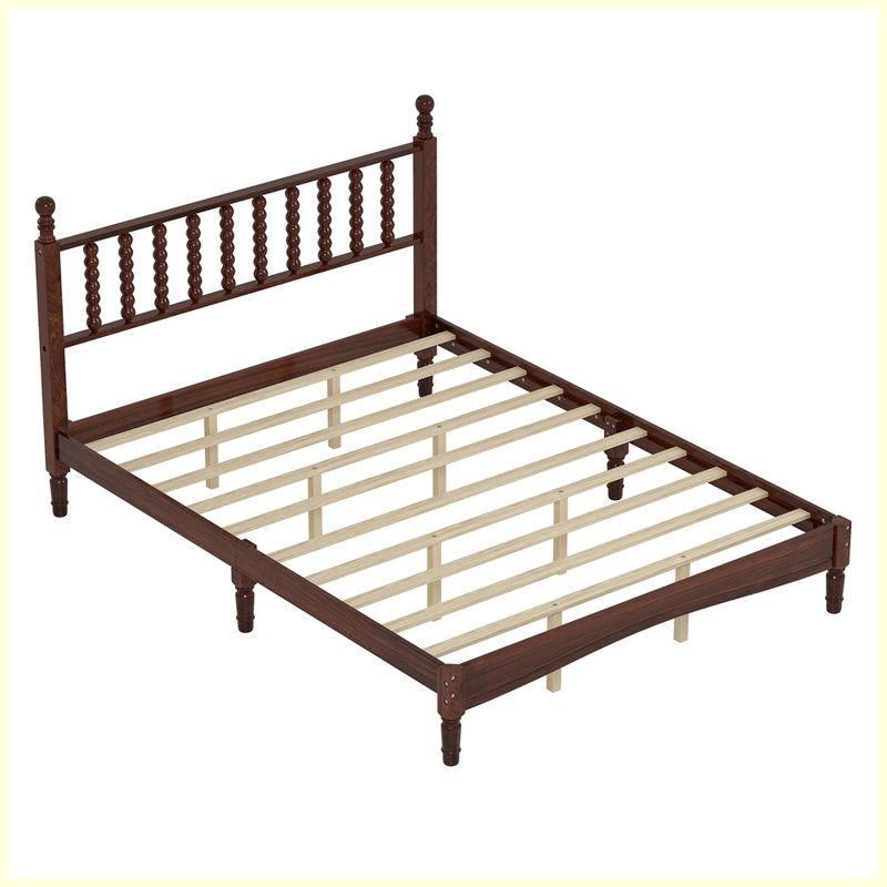 Queen Size Wood Platform Bed with Gourd Shaped Headboard,Retro Style Platform Bed with Wooden Slat Support, Walnut