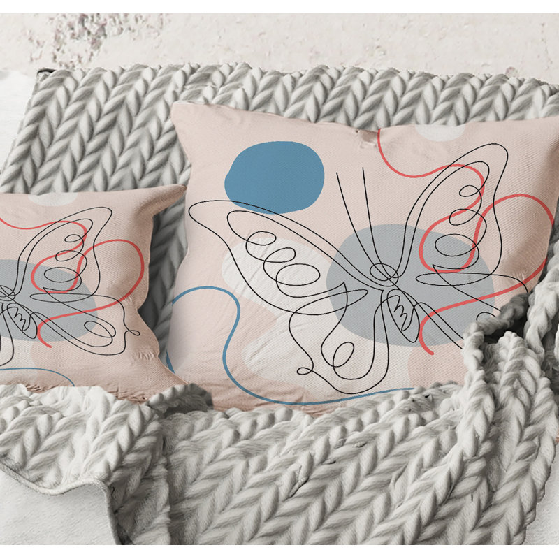 Carré, papillon, dessin au trait sur cubisme III - coussin décoratif moderne, 18" x 18"