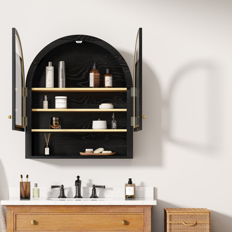 Armoires à pharmacie de salle de bain avec porte en acrylique et tablette ouverte, Noir/chêne