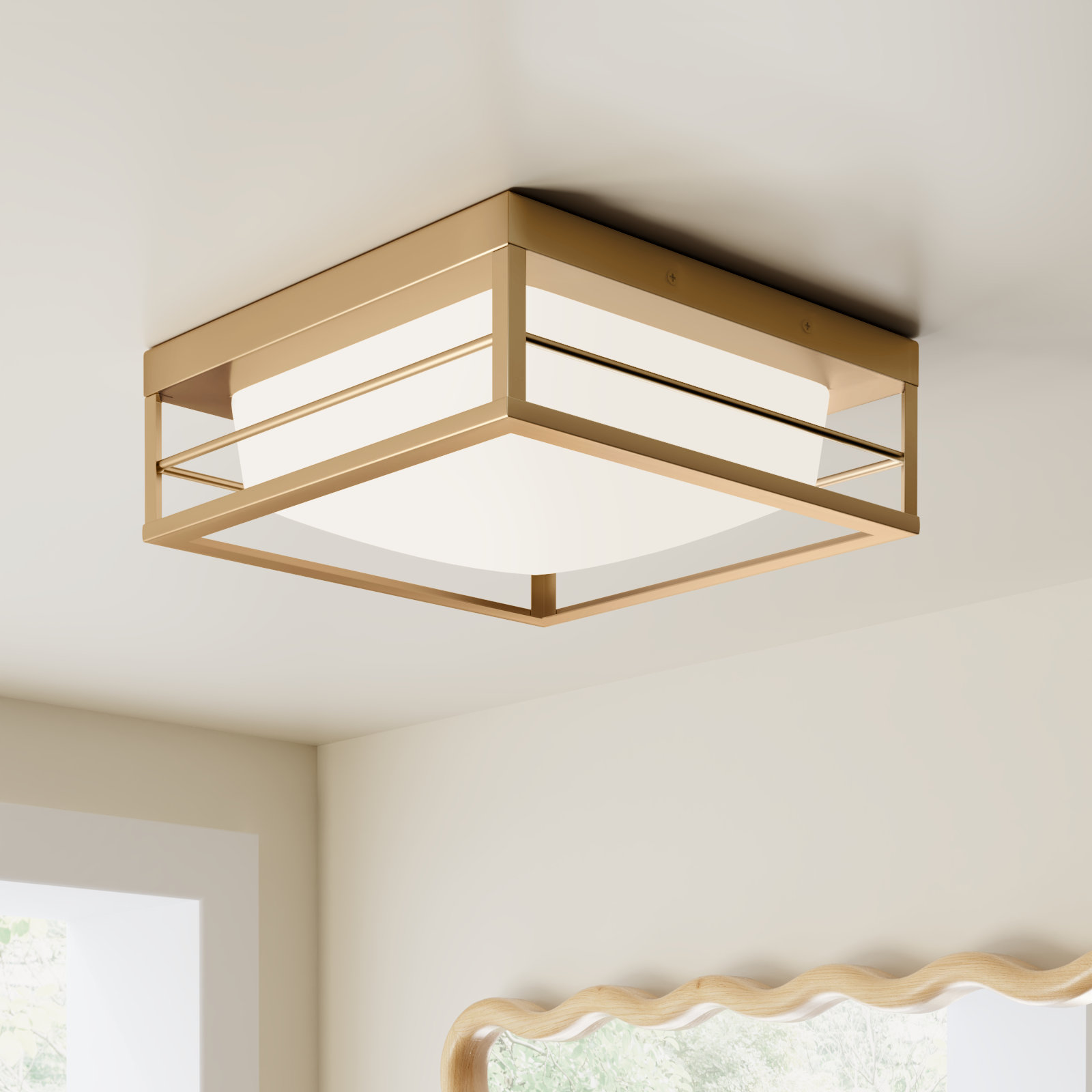 Krista Single Light Glass LED Flush Mount, Satin Brass, 4.25" H x 12" W x 12" D