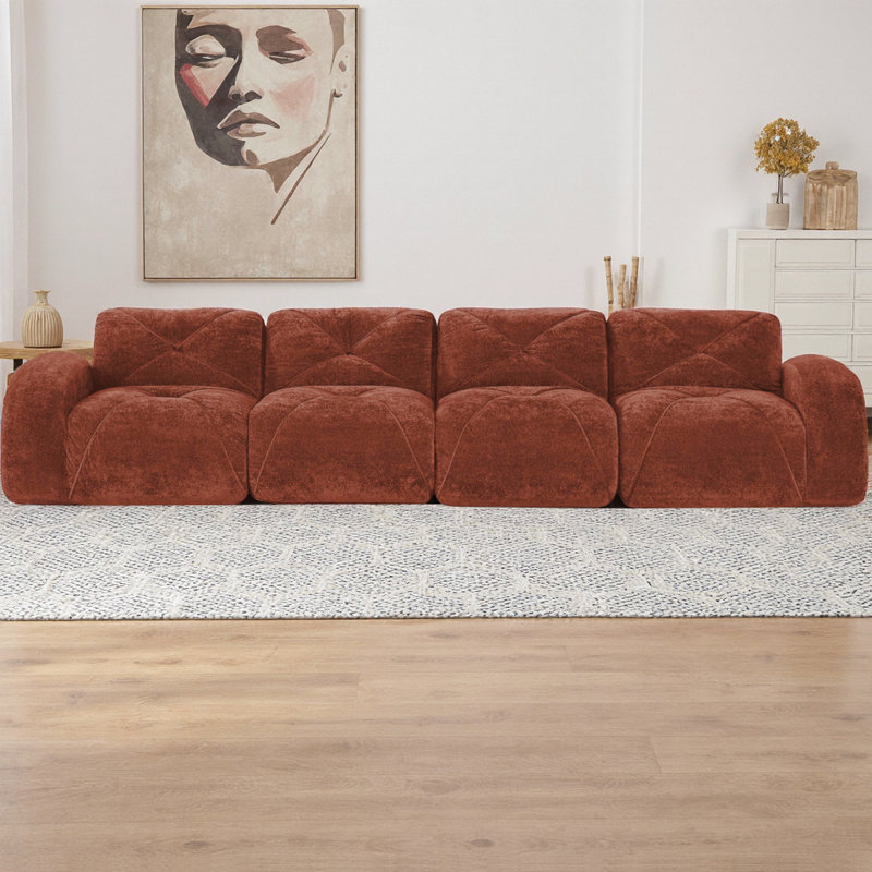 Canapé modulaire sans dossier 140 po 4 places, tissu de velours doux avec coussins touffetés, éponge à haute densité 32D, aucun assemblage requis et fond antidérapant pour le salon ou le cinéma maison