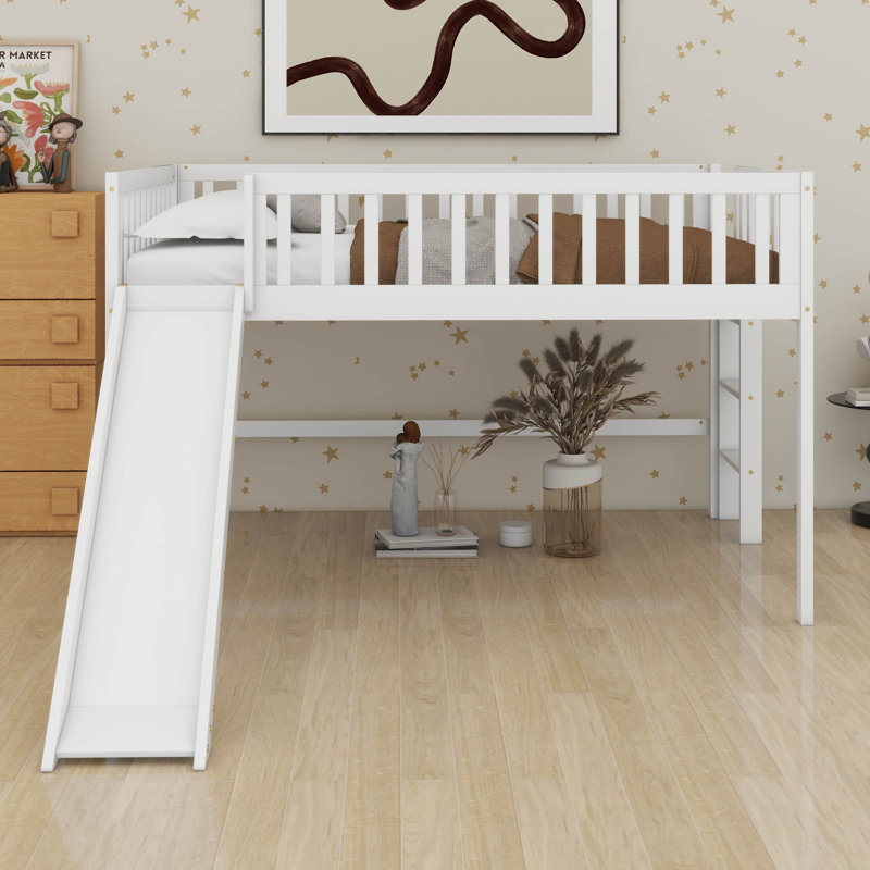 Full Size Low Loft Bed With Slide And Ladder,Wooden Bed Frame With Guardrails For Girls,Boys,No Box Spring Required, White