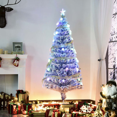 Sapin de Noël artificiel pré-éclairé de 5 pi de hauteur avec branches réalistes, lumières DEL multicolores, fibre optique et 180 pointes