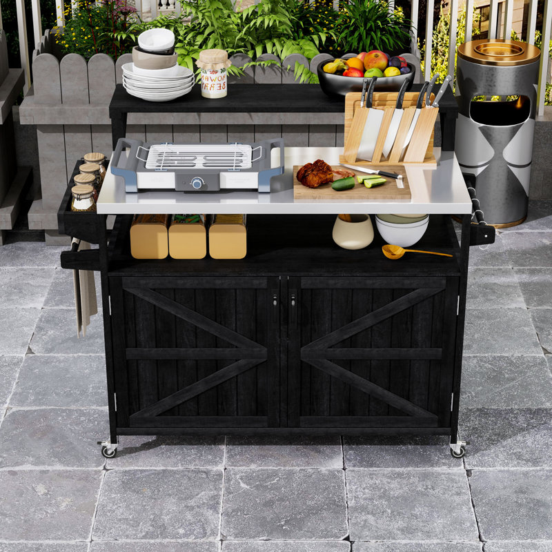Chariot pour îlot de cuisine roulant sur roulettes avec tablette surélevée, plateau en acier inoxydable et tablettes réglables