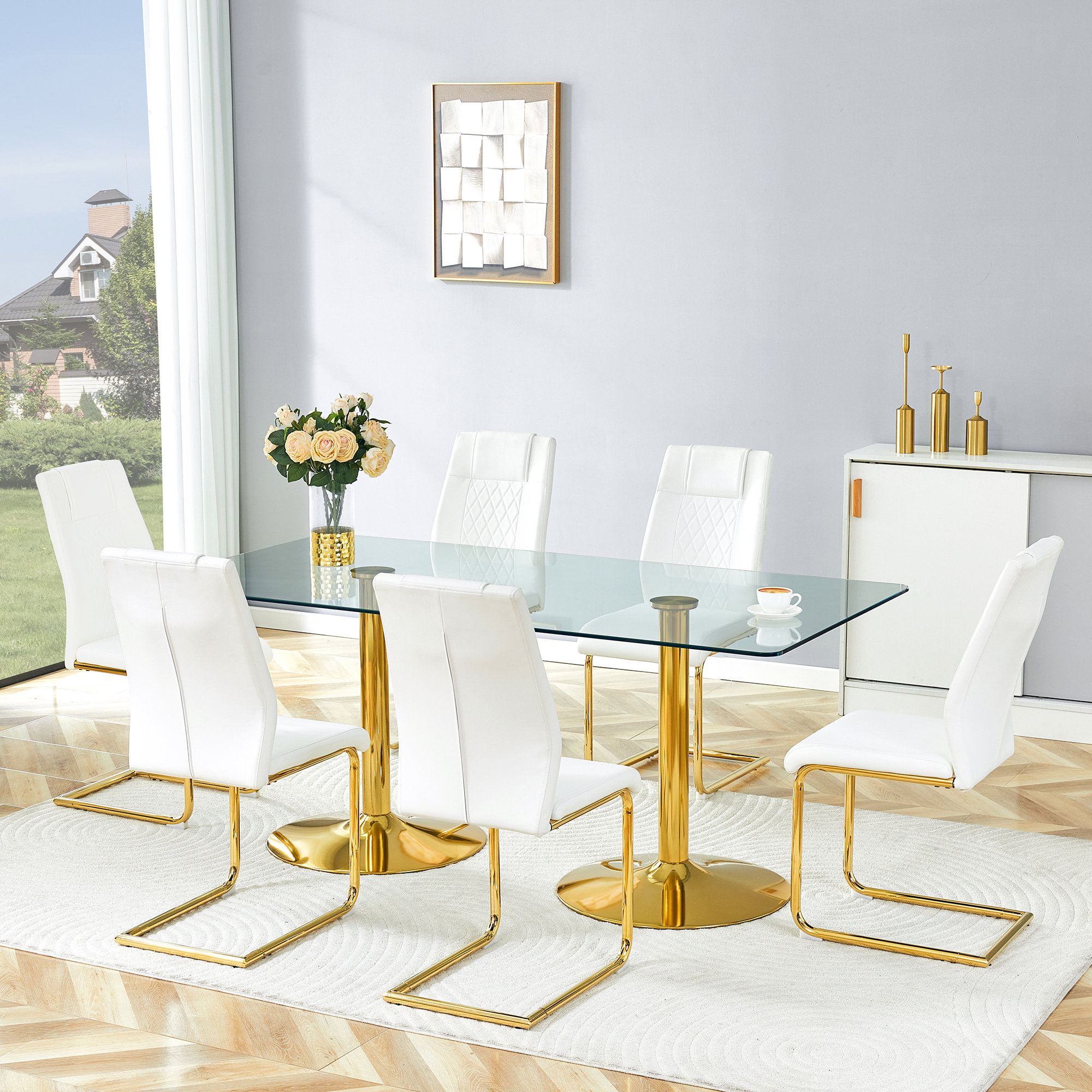 Orren Ellis Modern Tempered Glass Dining Table Set With White Pu Chairs ...