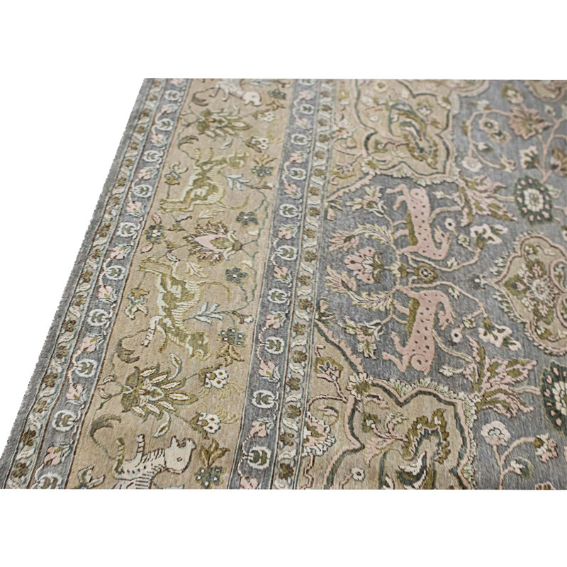 Tapis gris clair et doré de haute qualité noué à la main