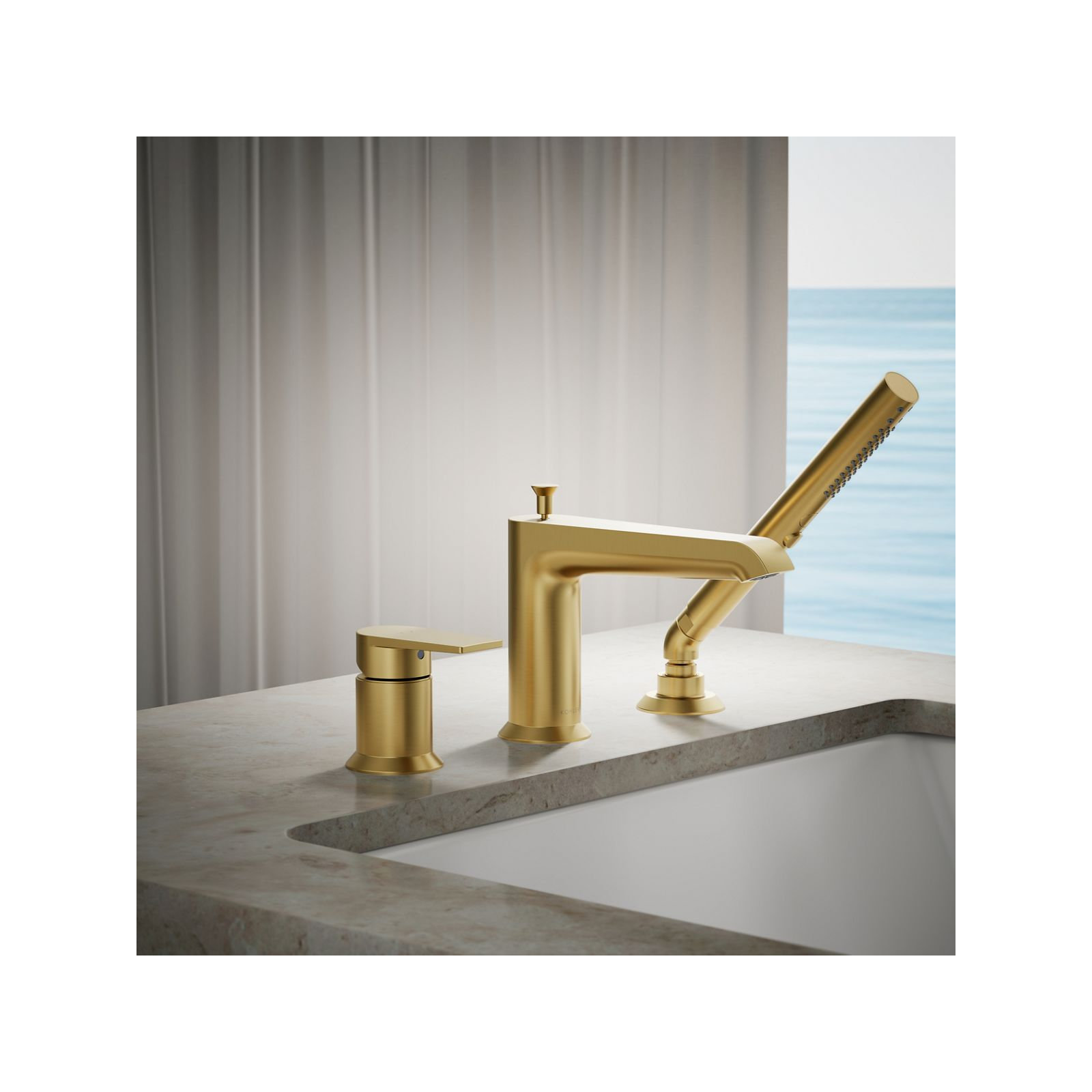 Hint Single-Handle Deck-Mount Bath Faucet With Handshower, Vibrant Brushed Moderne Brass