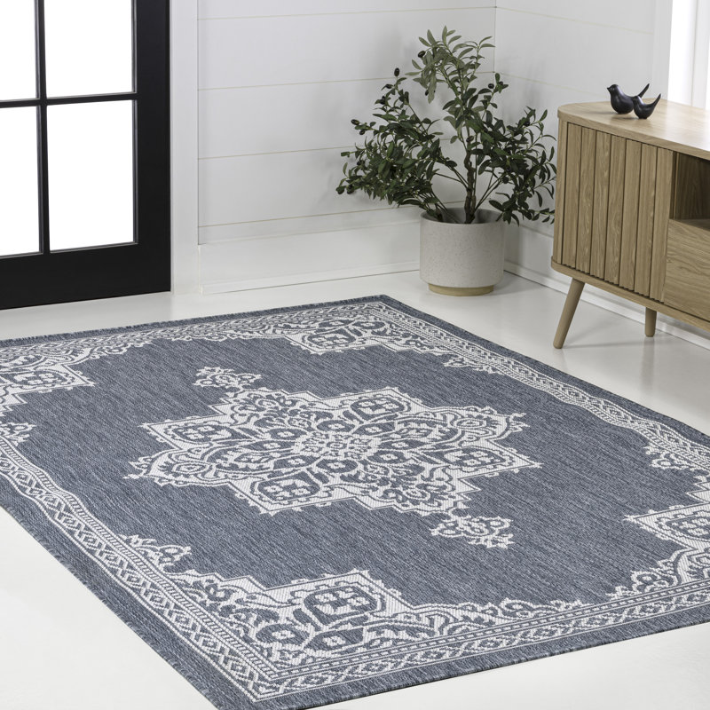 Tapis d'intérieur / extérieur bleu / crème Graysin, Rectangulaire 3 pi x 5 pi