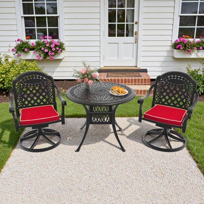Black Cast Aluminum Modern Patio Set with Cushioned Swivel Chairs & Round Table for Balcony or Garden