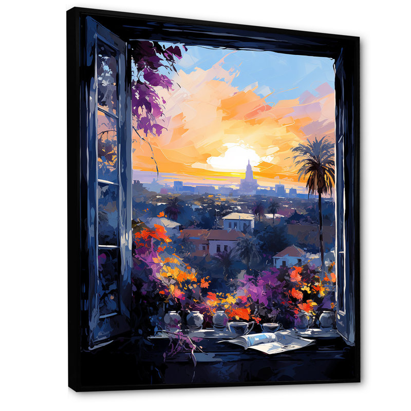 Los Angeles Window View 3 - Art mural de fenêtre floral, H 32 po x l 16 po x P 1 po, Cadre flottant noir