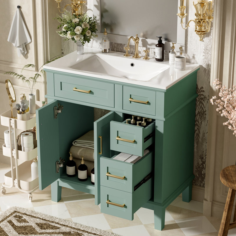 Meuble-lavabo pour salle de bain avec lavabo en céramique, armoire de rangement moderne avec portes à fermeture douce, tiroir profond et tiroir standard, meuble-lavabo élégant pour les petites salles de bain