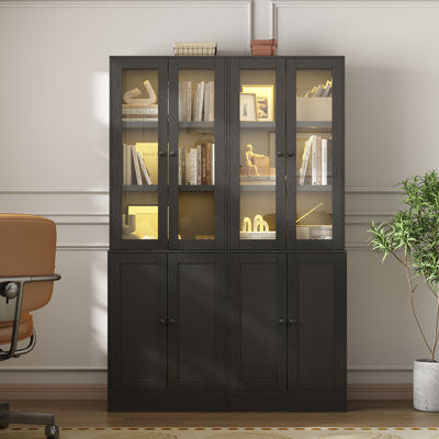 Bibliothèque de 71 po de hauteur avec portes en verre, lumières DEL et prise de courant, grande tablette de rangement pour le salon et la chambre à coucher