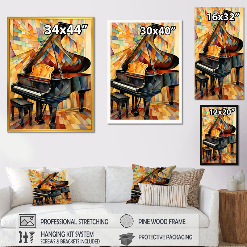 Cubique noir et jaune piano élégance - Piano, art mural, Toile tendue, H 32 po x l 16 po x P 1 po