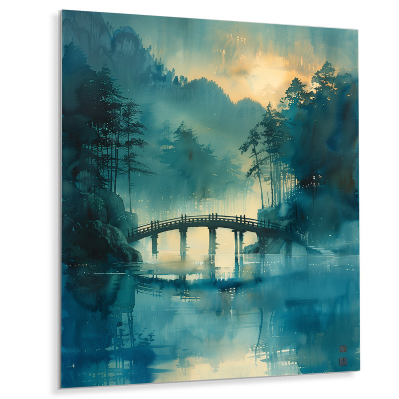 Bleu, bleu, printemps, eau, bord, pont, ponts, art mural, salon, H 32 po x l 24 po x P 1 po, Métal métal