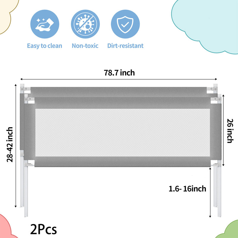 Rail de lit 2 pièces, barrière de lit amovible, convient pour grand lit, lit double, rails de lit pour tout-petits et bébé (78,7 po, 2 côtés)