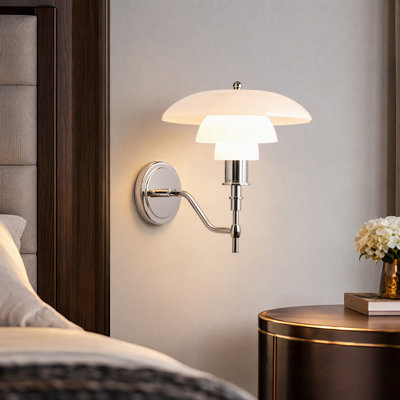 Marshal Designer Wall Sconce With Triple Opal Glass Shade, Chrome Finish, Vintage-inspired Glare-free Wall Light, E26 G45 Bulb Compatible