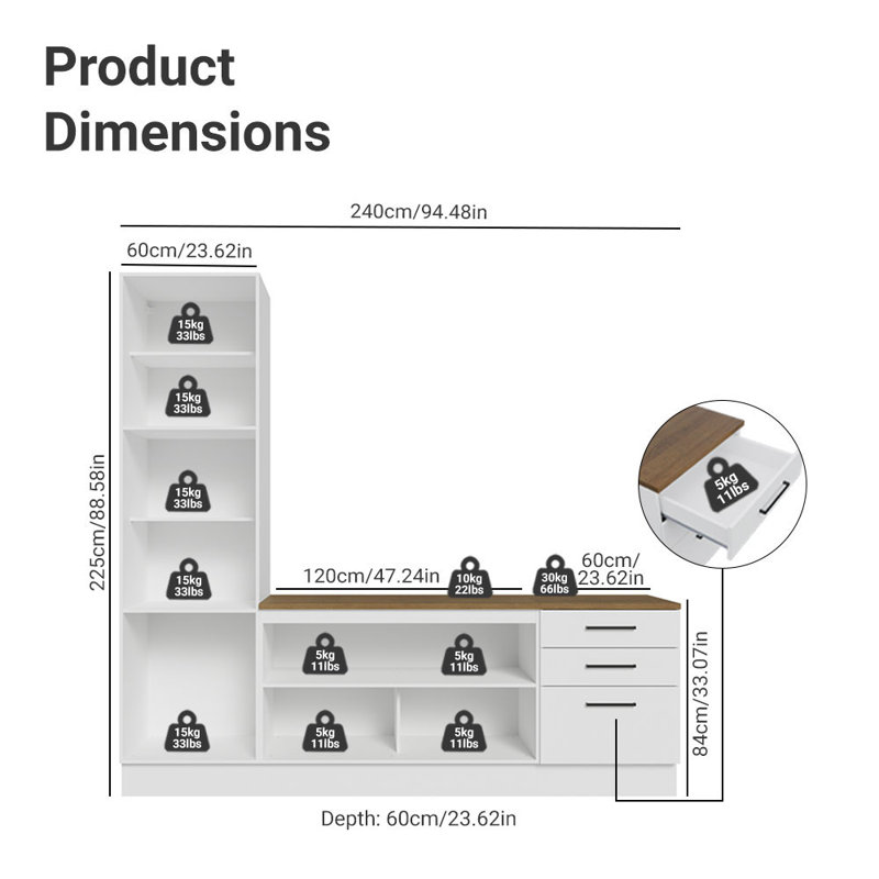  Armoire de rangement Garage L 94 po avec 5 compartiments multiples et 3 tiroirs avec rangement modulaire